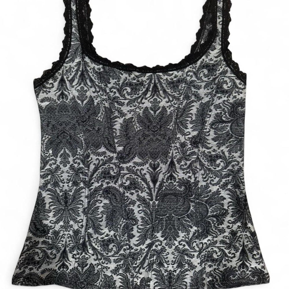 White House Black Market Black and Gray Damask Lace-Trim Tank